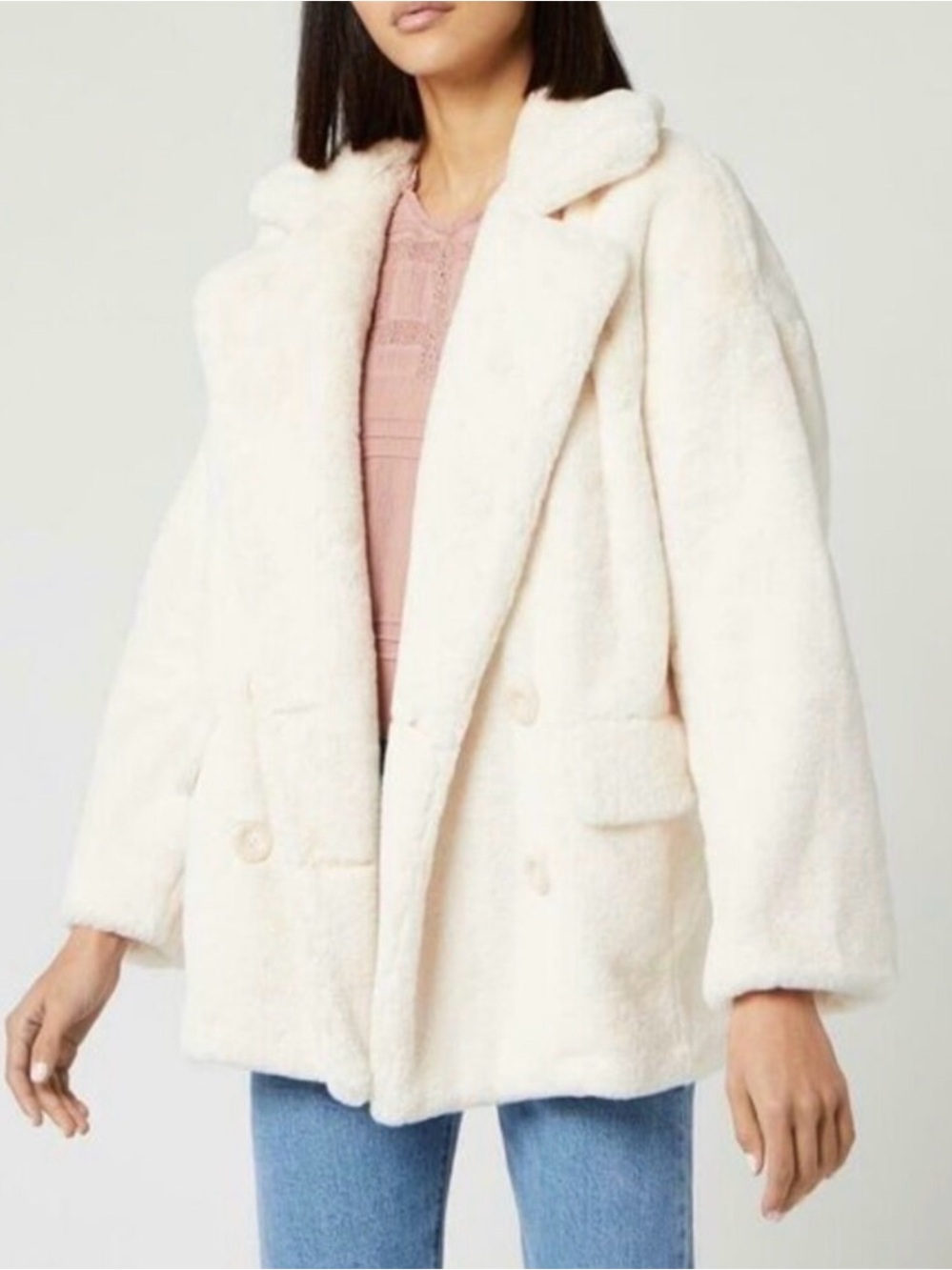 Free People Kate Faux Fur Ivory Double Breasted Plush Teddy Coat